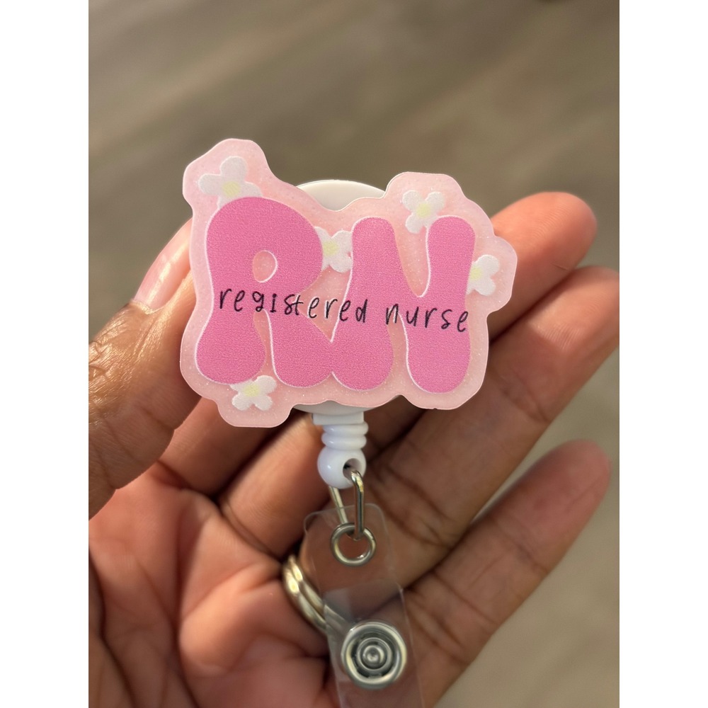 RN Registered Nurse Badge Reel Pink Floral Retractable ID Holder Healthcare Gift